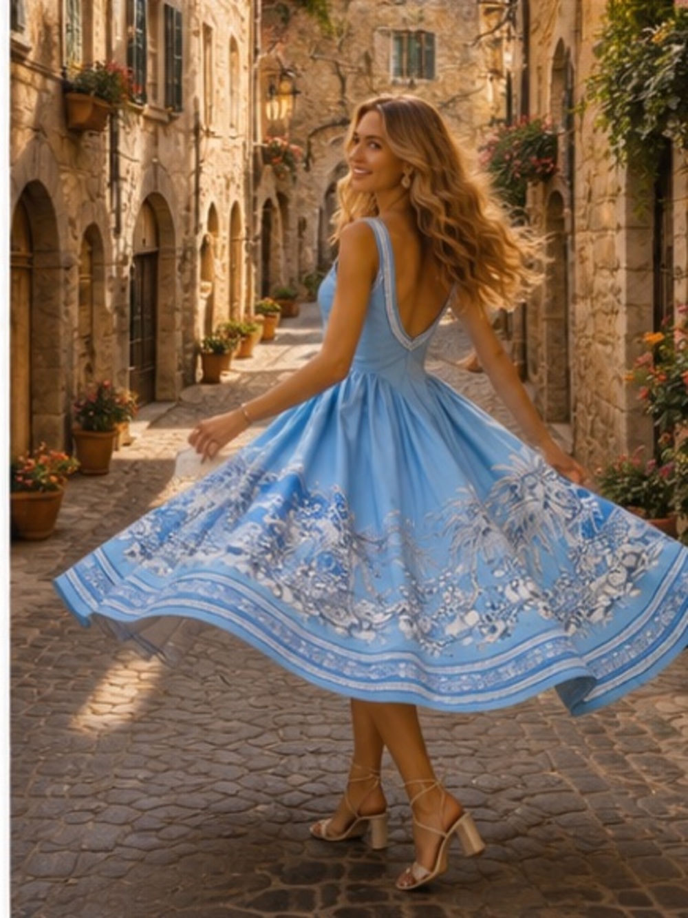 Light Blue Floral Midi Dress with Square Neck